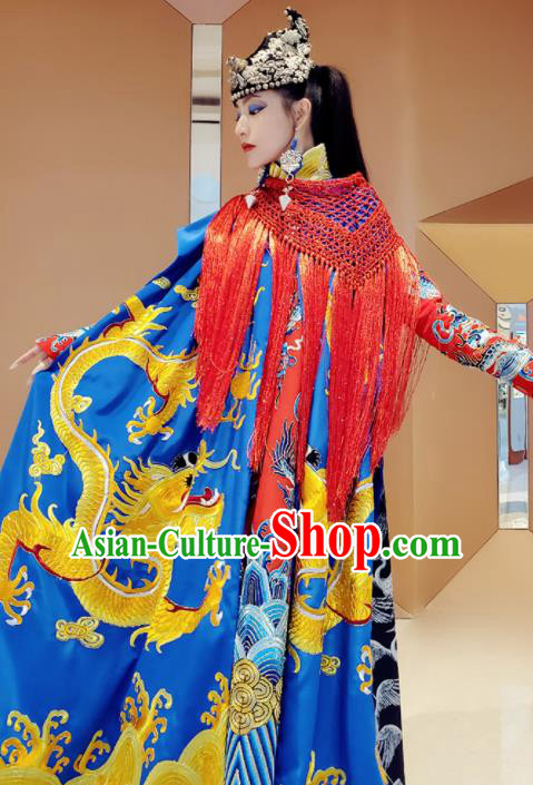 Chinese Traditional Embroidered Dragon Royalblue Cloak Tang Suit Cape Costume for Women