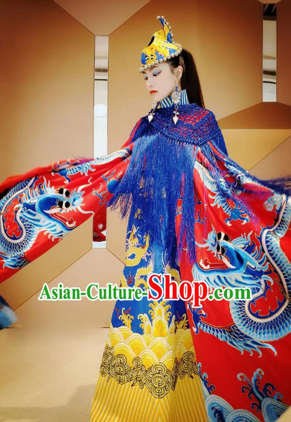 Chinese Traditional Embroidered Dragon Red Cloak Tang Suit Cape Costume for Women