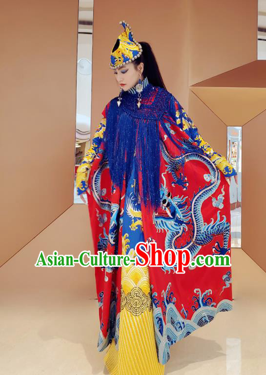 Chinese Traditional Embroidered Dragon Red Cloak Tang Suit Cape Costume for Women