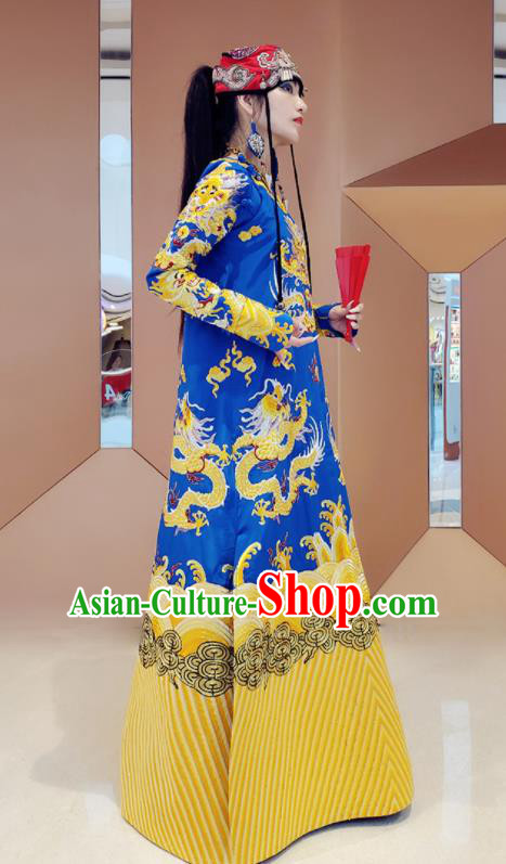 Chinese Traditional National Embroidered Royalblue Robe Tang Suit Cheongsam Dress Costume for Women