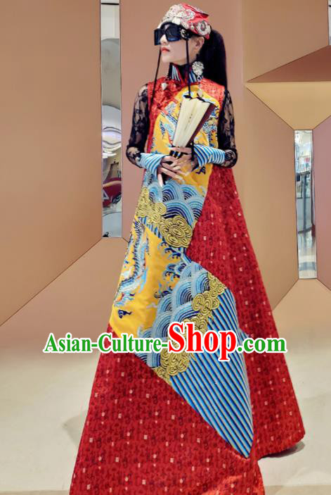 Chinese Traditional National Embroidered Red Qipao Dress Tang Suit Cheongsam Costume for Women