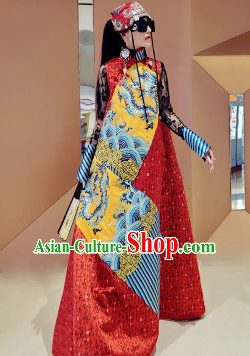 Chinese Traditional National Embroidered Red Qipao Dress Tang Suit Cheongsam Costume for Women