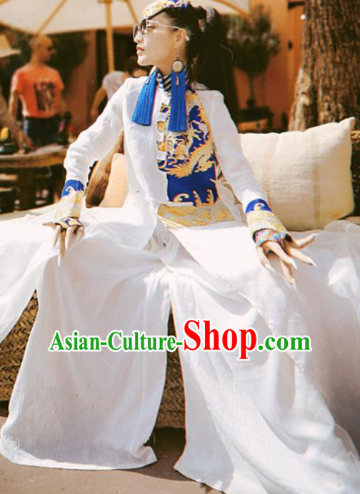 Chinese Traditional National Embroidered White Qipao Dress Tang Suit Cheongsam Costume for Women