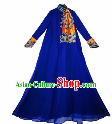 Chinese Traditional National Embroidered Royalblue Qipao Dress Tang Suit Cheongsam Costume for Women