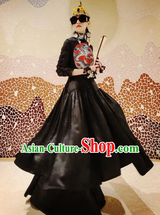 Chinese Traditional National Embroidered Black Qipao Dress Tang Suit Cheongsam Costume for Women