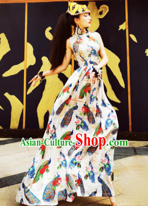 Chinese Traditional National Printing Peacock White Qipao Dress Tang Suit Cheongsam Costume for Women