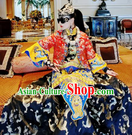 Chinese Traditional National Red Brocade Blouse and Dress Tang Suit Cheongsam for Women