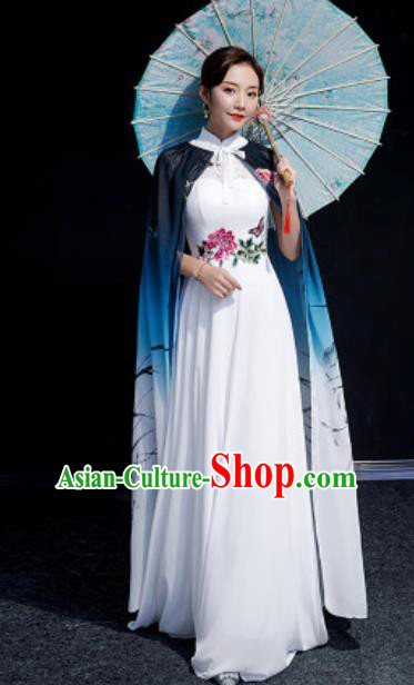Chinese National Classical Dance Embroidered White Qipao Dress Traditional Compere Cheongsam Costume for Women
