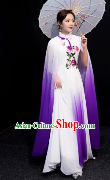 Chinese National Classical Dance Embroidered Purple Qipao Dress Traditional Compere Cheongsam Costume for Women