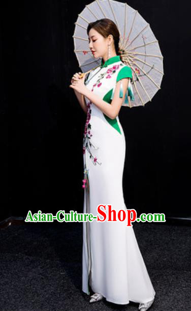 Chinese National Stage Show Embroidered Qipao Dress Traditional Compere Cheongsam Costume for Women