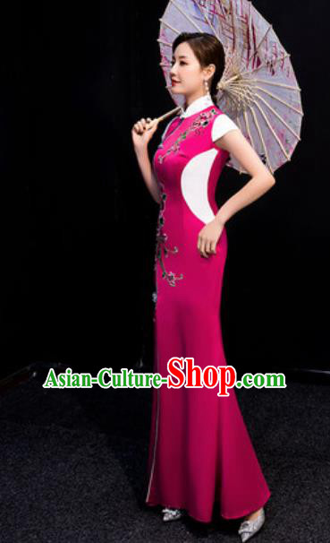 Chinese Compere National Embroidered Rosy Qipao Dress Traditional Cheongsam Costume for Women