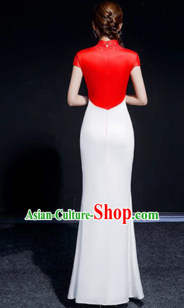 Chinese Compere National Embroidered White Qipao Dress Traditional Cheongsam Costume for Women