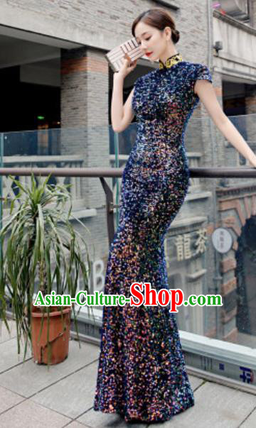 Chinese Compere National Stage Show Navy Qipao Dress Traditional Cheongsam Costume for Women