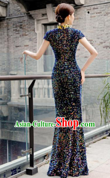 Chinese Compere National Stage Show Navy Qipao Dress Traditional Cheongsam Costume for Women