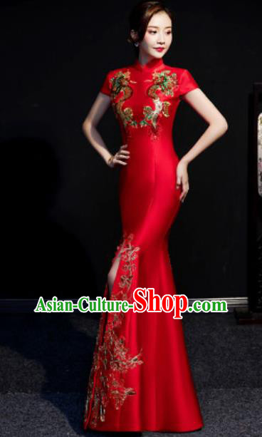 Chinese Compere National Embroidered Red Qipao Dress Traditional Cheongsam Costume for Women