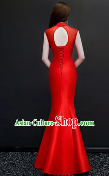 Chinese National Embroidered Red Qipao Dress Traditional Compere Cheongsam Costume for Women