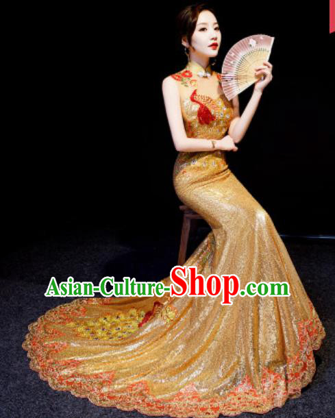 Chinese National Golden Sequins Trailing Qipao Dress Traditional Compere Cheongsam Costume for Women