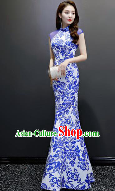 Chinese National Blue Printing Qipao Dress Traditional Compere Cheongsam Costume for Women
