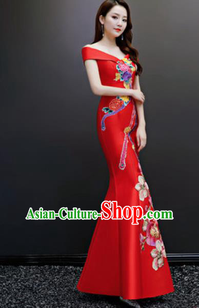 Top Compere Embroidered Red Flat Shoulder Full Dress Evening Party Costume for Women