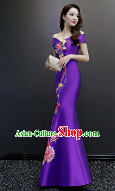 Top Compere Embroidered Purple Flat Shoulder Full Dress Evening Party Costume for Women