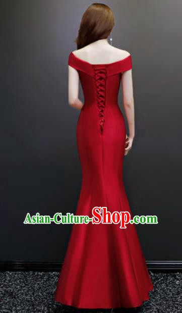 Top Compere Embroidered Wine Red Flat Shoulder Full Dress Evening Party Costume for Women