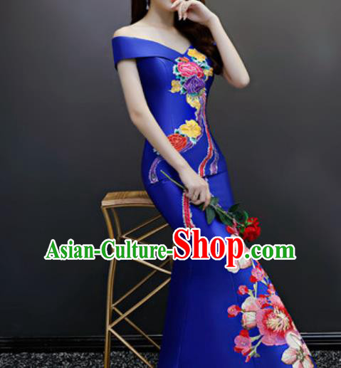 Top Compere Embroidered Royalblue Flat Shoulder Full Dress Evening Party Costume for Women