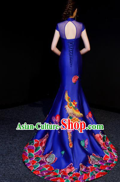 Chinese National Embroidered Phoenix Royalblue Trailing Qipao Dress Traditional Compere Cheongsam Costume for Women