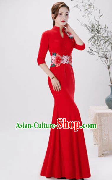 Chinese Compere National Embroidered Peony Red Qipao Dress Traditional Cheongsam Costume for Women