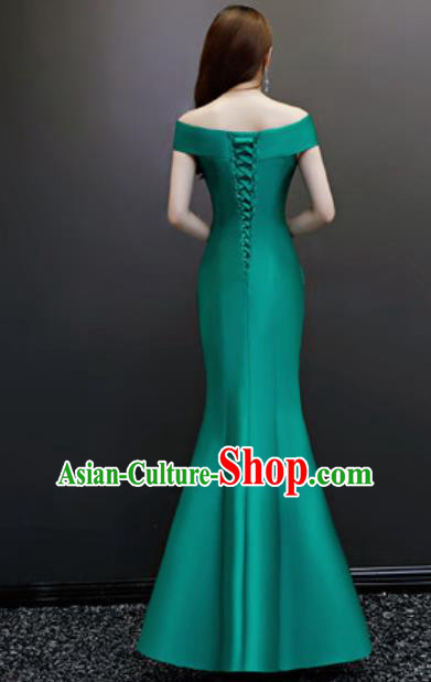 Top Compere Embroidered Green Flat Shoulder Full Dress Evening Party Costume for Women