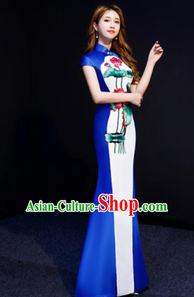 Chinese National Embroidered Lotus Qipao Dress Traditional Compere Cheongsam Costume for Women