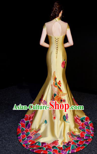 Chinese National Embroidered Phoenix Trailing Golden Qipao Dress Traditional Compere Cheongsam Costume for Women