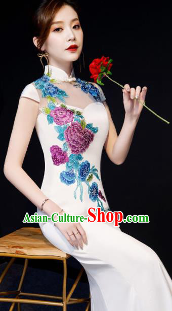 Chinese National Embroidered Peony White Qipao Dress Traditional Compere Cheongsam Costume for Women