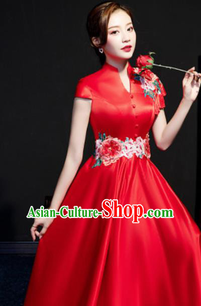 Chinese Compere National Red Qipao Dress Traditional Embroidered Peony Cheongsam Costume for Women