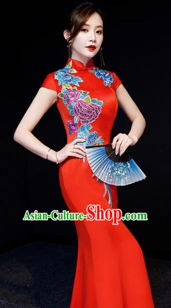 Chinese National Embroidered Peony Red Qipao Dress Traditional Compere Cheongsam Costume for Women