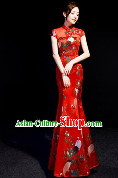 Chinese National Printing Crane Red Brocade Qipao Dress Traditional Compere Cheongsam Costume for Women