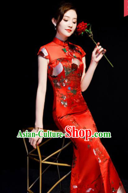 Chinese National Printing Crane Red Brocade Qipao Dress Traditional Compere Cheongsam Costume for Women