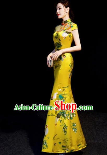 Chinese National Printing Crane Golden Brocade Qipao Dress Traditional Compere Cheongsam Costume for Women