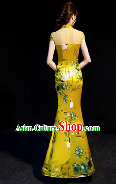 Chinese National Printing Crane Golden Brocade Qipao Dress Traditional Compere Cheongsam Costume for Women