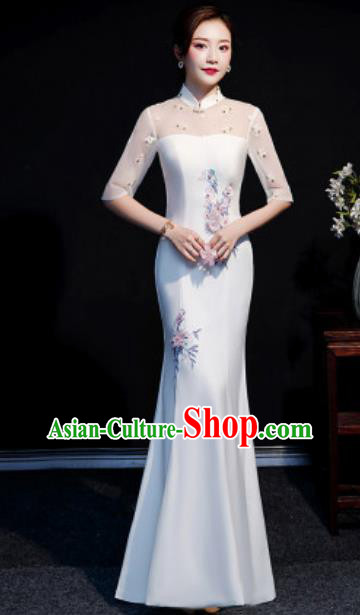 Chinese Compere National White Qipao Dress Traditional Cheongsam Costume for Women