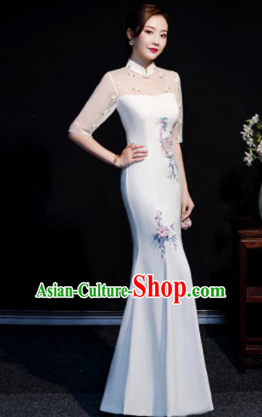 Chinese Compere National White Qipao Dress Traditional Cheongsam Costume for Women