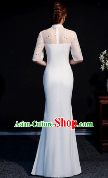 Chinese Compere National White Qipao Dress Traditional Cheongsam Costume for Women