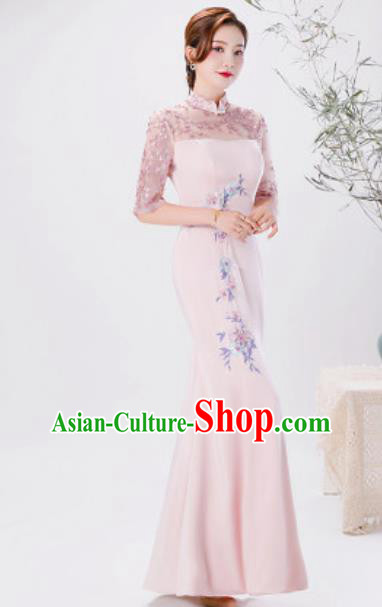 Chinese Compere National Embroidered Pink Qipao Dress Traditional Cheongsam Costume for Women