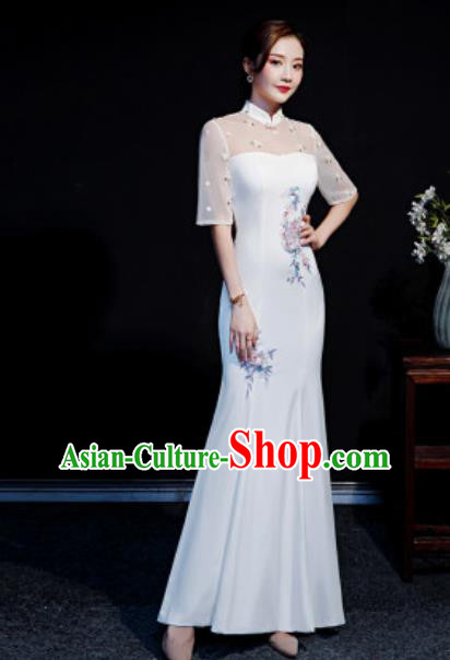 Chinese Compere National White Qipao Dress Traditional Cheongsam Costume for Women