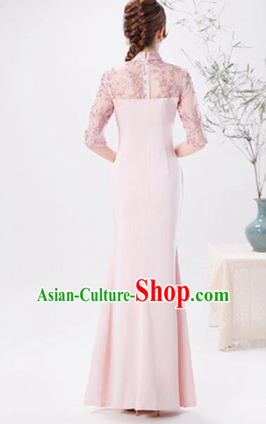 Chinese Compere National Embroidered Pink Qipao Dress Traditional Cheongsam Costume for Women