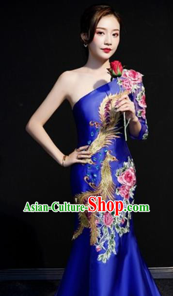 Chinese Compere National Embroidered Phoenix Peony Royalblue Full Dress Traditional Cheongsam Costume for Women