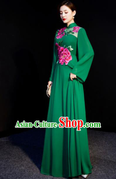Chinese Spring Festival Gala Embroidered Peony Green Qipao Dress Traditional Compere Cheongsam Costume for Women