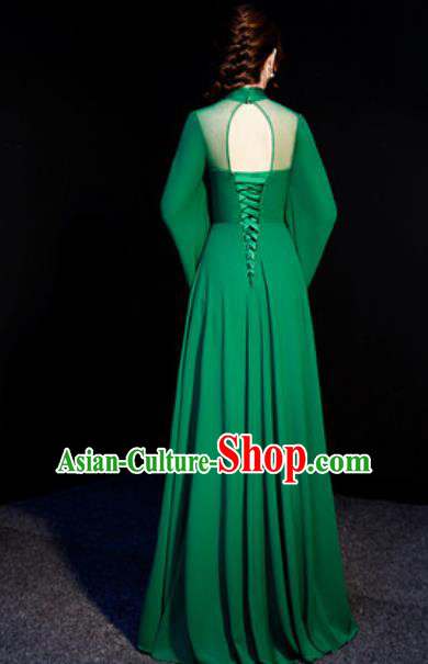 Chinese Spring Festival Gala Embroidered Peony Green Qipao Dress Traditional Compere Cheongsam Costume for Women