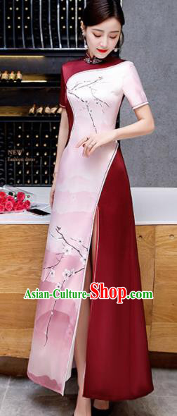 Chinese Spring Festival Gala Printing Pink Qipao Dress Traditional Compere Cheongsam Costume for Women