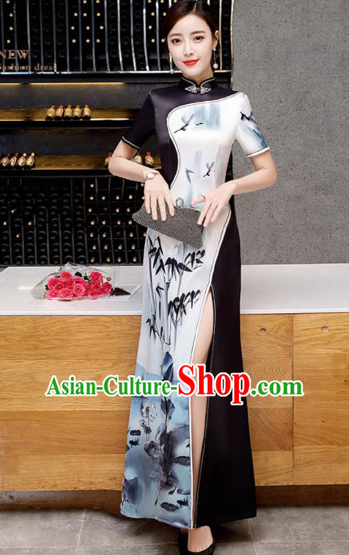 Chinese Spring Festival Gala Printing Bamboo Qipao Dress Traditional Compere Cheongsam Costume for Women