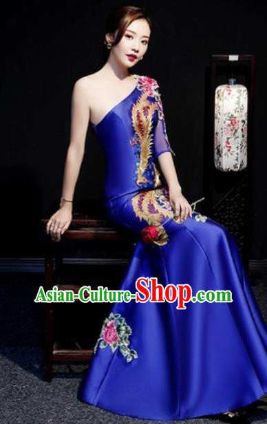 Chinese Compere National Embroidered Phoenix Peony Royalblue Fishtail Full Dress Traditional Cheongsam Costume for Women
